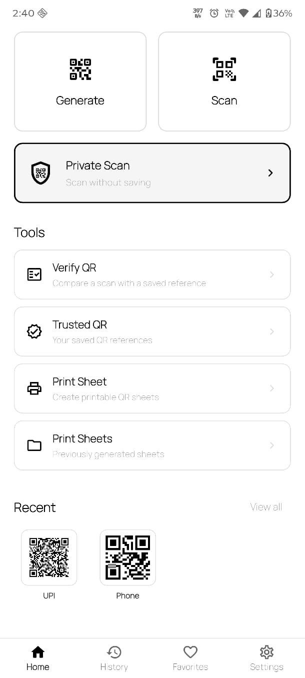 DigiQR home screen showing Generate, Scan, Private Scan and Tools