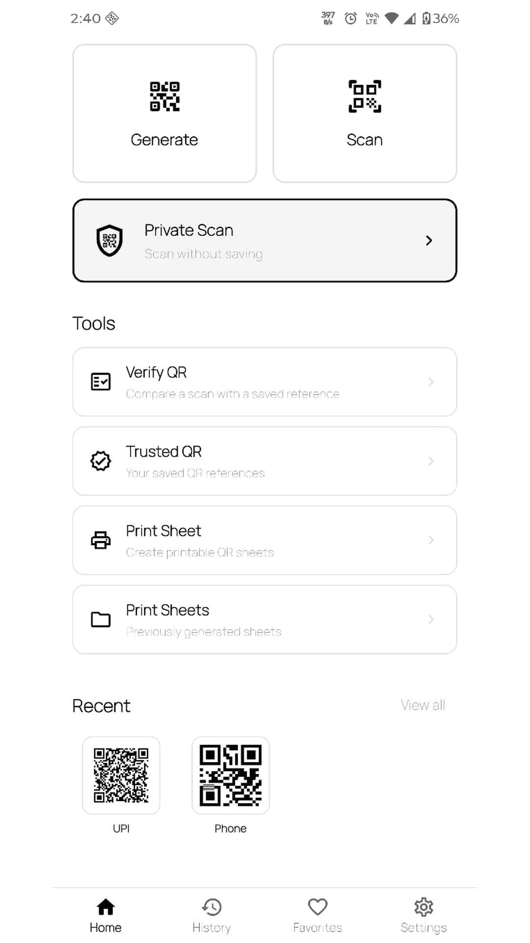 Home screen with Generate, Scan, Private Scan and Tools