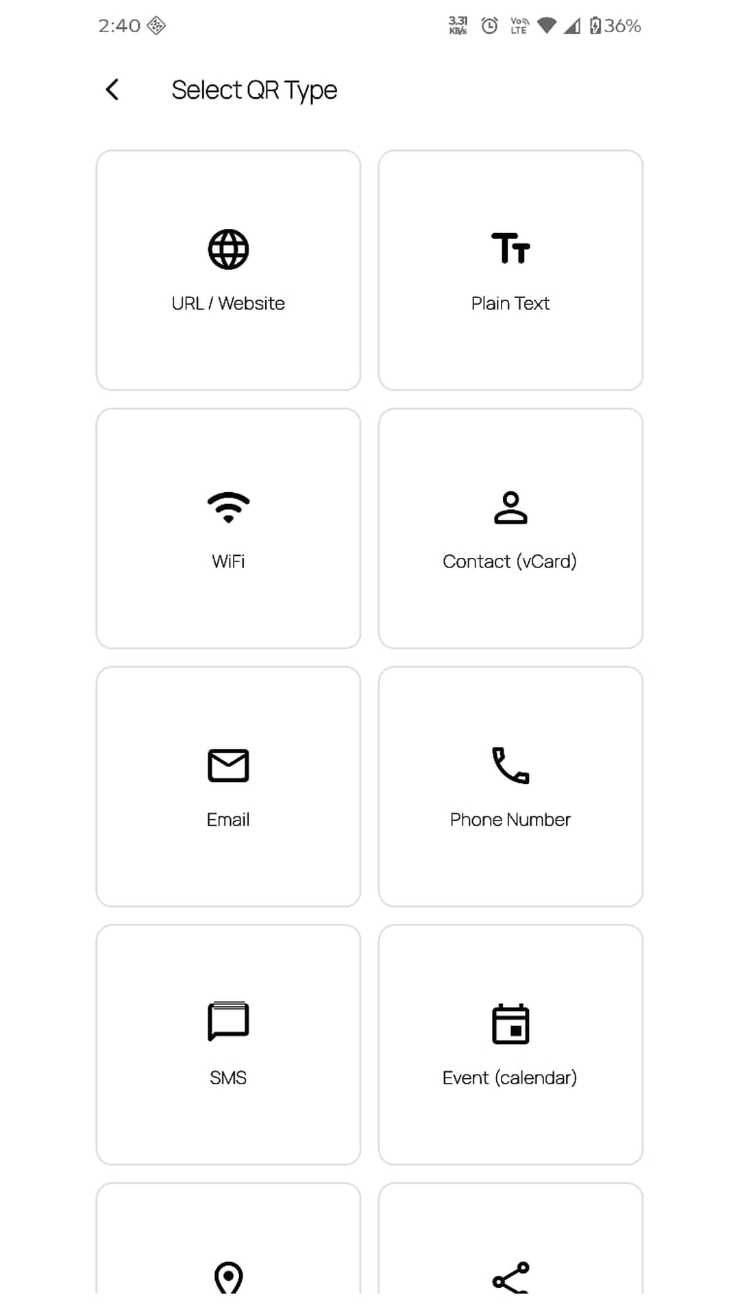 Grid of the eleven supported QR code types