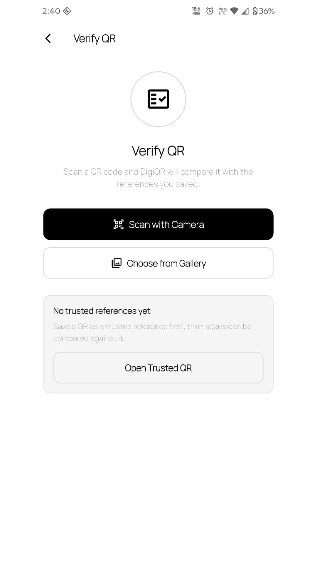 Verify QR screen for comparing a scan against a trusted reference