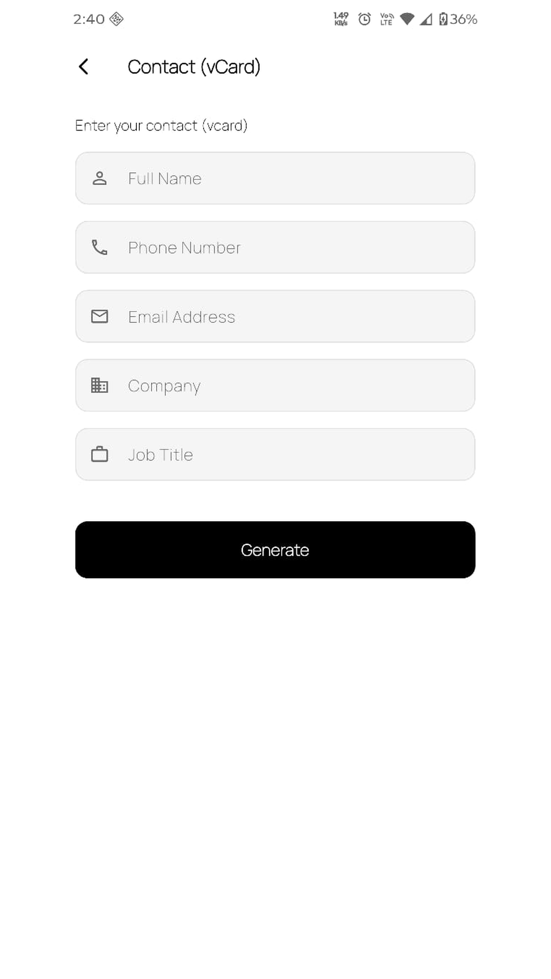 Contact vCard form for generating a contact QR code