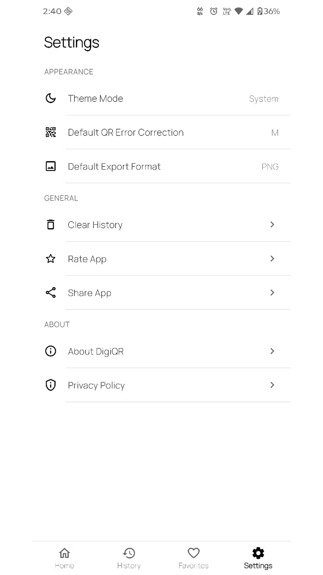 Settings screen with theme, error correction and export format options